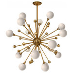 HomeRoots - Burnished Gold Modern Pom Pom Chandelier - Just like no other, this chandelier makes a truly unique statement in your home. We love it when it hangs just over the dining table, scattering light with its spikey brass finish. The chandelier consists of sixteen bulbs hanging on metal spikes emanating from a center knob. Each bulb is enclosed by a white globe shade and is really stylish. This fashion forward contemporay piece will light up the room and turn heads, making it an ideal fit for modern interiors. 37" X 37" X 39". Bulbs required: yes, bulbs replaceable: yes, bulb type required: LED G9, bulb count: 18, and bulb wattage: 3