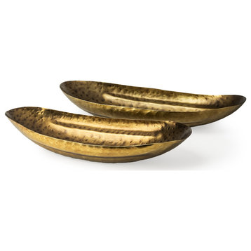 Set of Two Gold Boat Shaped Hammered Bowls