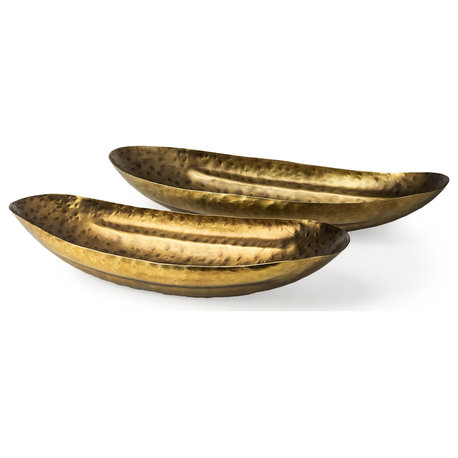 Set of Two Gold Boat Shaped Hammered Bowls