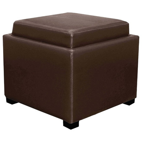 Cameron Leather Square Storage Ottoman w/ Tray, Brown