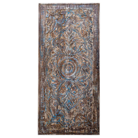 Consigned Blue Haveli Lotus Sliding Barn Door, Floral Door, Artistic Barndoor