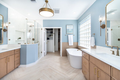 Bathroom - mid-sized 1960s master bathroom idea in Houston with shaker cabinets and a built-in vanity