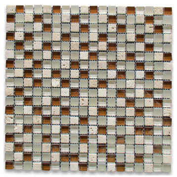 Glass Mosaic Tile White Brown Glass Beige Travertine 5/8" Backsplashes, 1 sheet