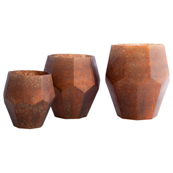 Nayla Modern Distressed Glass Hurricane Vases, 3-Piece Set, Copper