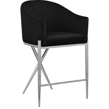 Xavier Velvet Upholstered Counter Height Stool, Black, Chrome Finish