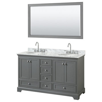 60" Double Vanity,Dark Gray,White Carrara Marble Top,Oval Sinks,58" Mirror