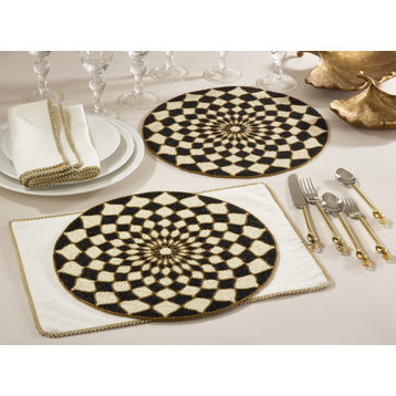 Belagavi Collection Beaded Design Placemat, Set of 4, 15"x15", Multi, Round