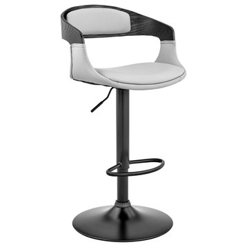 Benson Adjustable Faux Leather and Wood Bar Stool With Metal Base, Gray and Blac