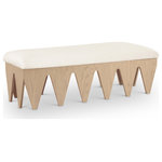 Meridian Furniture - Altair Upholstered Bench, Cream, 55" W, Velour Fur Fabric Natural Finish - Bold and architectural, the Altair cream velour fur fabric upholstered bench combines avant-garde design with plush luxury. The seat is covered in soft velour fur fabric, offering an indulgent texture that invites you to sit and relax. Its distinctive rich natural oak veneer wooden base, featuring sharp, angular legs, brings a sculptural, modern touch to any room.