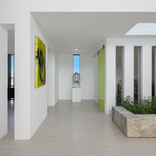 Ispirazione per un grande ingresso moderno con pareti bianche, pavimento in gres porcellanato, una porta scorrevole, una porta verde e pavimento grigio