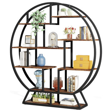 Tribesigns 63" Bookcase, Round Etagere Bookshelf With Staggered Shelves, Brown