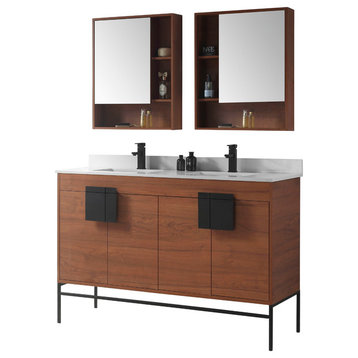 Modern Wallnut Bathroom Vanity Set, Black Matte Hardware, Marbel Top