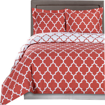 Meridian Cotton Printed Reversible Bed Set, Coral and White, Full