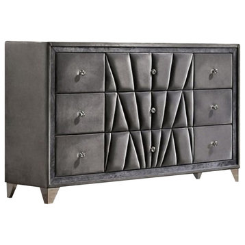 Benzara BM239797 9 Drawer Fabric Dresser, Tufted Accents & Acrylic Knob, Gray