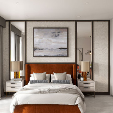 Bedroom in modern style with side wall mounted mirrors