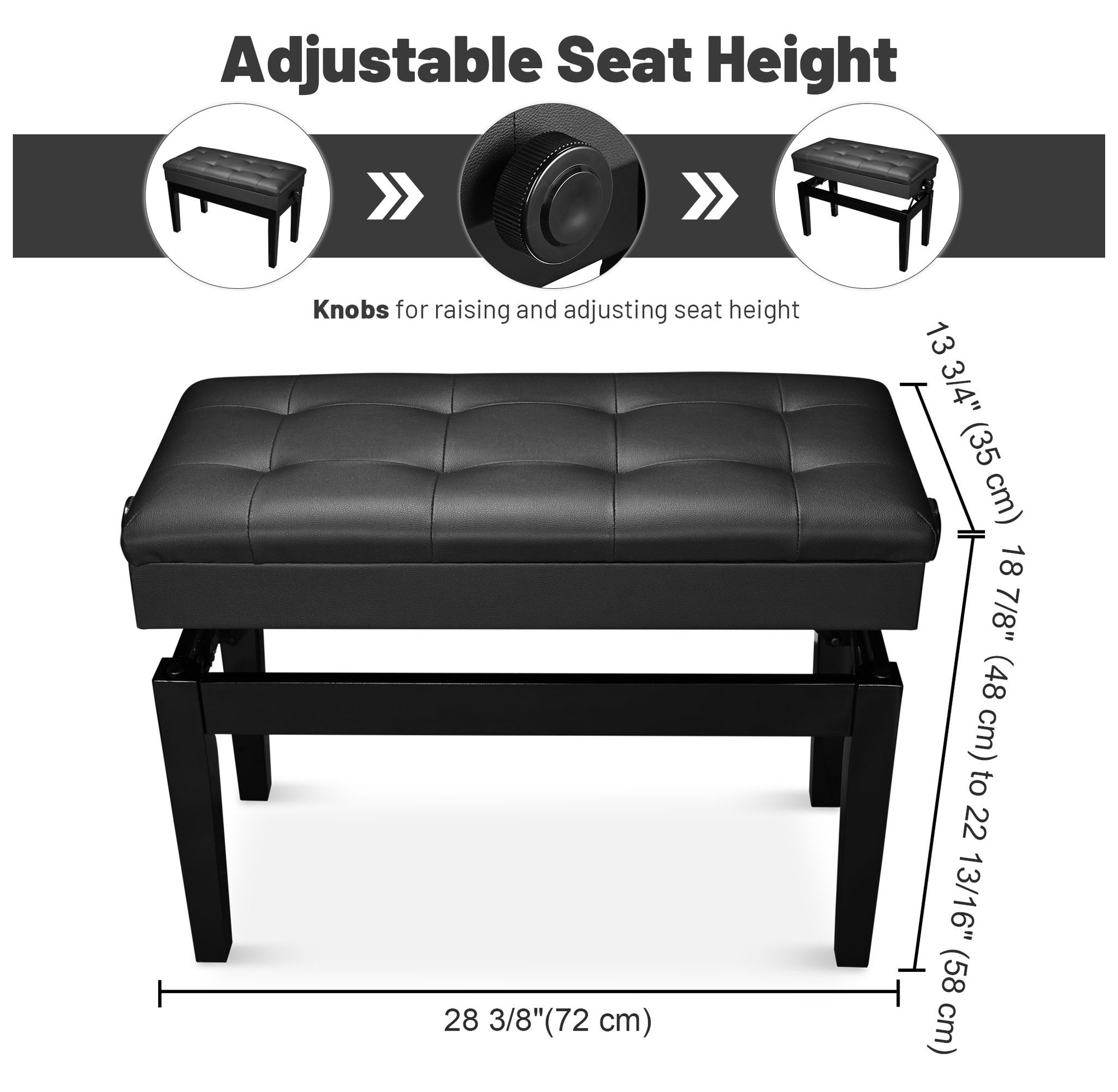 Bonnlo Adjustable Duet Piano Bench With Storage Black Faux