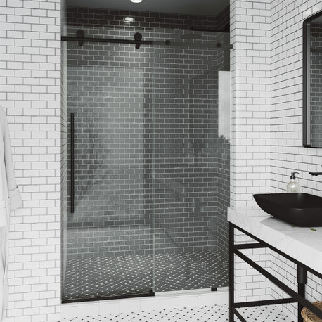 VIGO Elan E-Class 44" to 48" W x 76" H Frameless Sliding Shower Door, Matte Black, Clear Glass