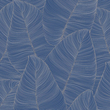 Fine Line Leaves Wallpaper, Blue, Sample