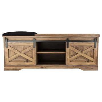 Classic Accent Bench, Sliding Barn Doors With Adjustable Shelves, Light Brown