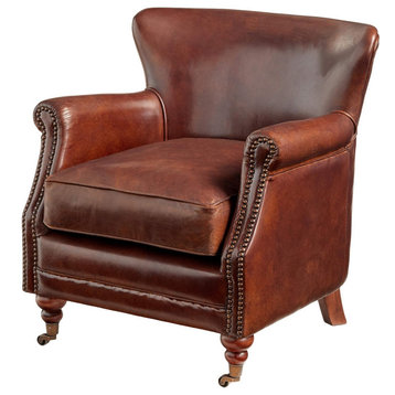 Elegant Accent Chair, Grain Leather Seat With Rolled Arms and Nailhead Trim