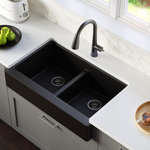 Karran USA - Karran Retrofit Farmhouse Quartz 34" Double Bowl Sink, Black - This retrofit farmhouse design with its shorter 6-1/2" apron blends function and form beautifully, and will look stunning in your kitchen. It is designed with a shorter apron to allow it to install into a standard 36" wide sink base cabinet. This farmhouse design is available in a choice of 6 elegant color options to compliment any decor.