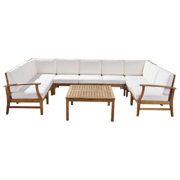 GDF Studio Judith Outdoor 9 Seater Sectional Sofa Set With Cushion, Teak/Cream