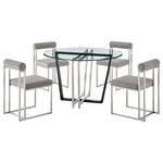 Armen Living - Devi Anastasia Round Brushed Steel and Light Gray Glass Dining Table 5-Piece Set - Bring luxury and comfort to your dining experiences with the Devi Anastasia 5 Piece Dining Set by Armen Living. This dining set includes 1 Devi Round Glass Dining Table with Metal base and 4 Anastasia Dining Chairs in Fabric and Metal. Featuring an elegant mix of materials, our dining set offers an abundance of polish and sophistication. The 48" round, glass top of the dining table floats upon an angular and clean-lined base. The metallic base utilizes contrasting finishes for elevated drama and modern elegance. It serves as a stunning complement to our sleek and charming Anastasia dining chairs. A cylindrical cushion is beautifully balanced upon its airy frame to offer comfortable back support. Its cushioned backrest and padded seat showcase a neat channeling detail that provides texture for a chic and inviting look. The Anastasia chair is upholstered in performance fabric to offer easy care and maintenance. Altogether, this dining set becomes a sophisticated centerpiece for your kitchen, dining, or living space. These pieces can effortlessly provide the grandeur and comfort for anything from your casual to formal meals. Featuring premium materials and quality craftsmanship, our dining set can loyally serve you for years to come. The Devi Anastasia 5 Piece Round Glass Dining Table Set is available in matching finishes and a variety of colors, or sold separately to achieve any look you desire.