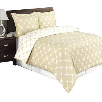 Bloomingdale Cotton Reversible Duvet Cover Set, Beige and Ivory, Full/Queen