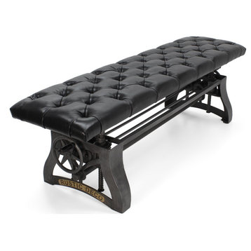 Crescent Industrial Dining Bench - Adjustable Iron Base - Black Leather Seat