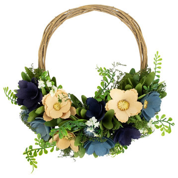 12" Blue and Tan Poppy Floral Wooden Basket Spring Wreath