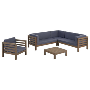 Emma Outdoor 6 Seater Acacia Wood Sectional Sofa and Club Chair Set, Dark Gray