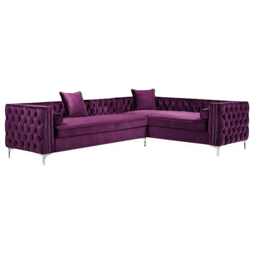 Posh Living Levi 120" Velvet Right Facing Corner Sectional Sofa in Purple