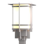 Hubbardton Forge - Tourou Outdoor Post Light, Coastal Burnished Steel Finish, Opal Glass - Although the design is in honor of traditional Japanese stone lanterns, our Tourou Outdoor fixture is much easier to post-mount outside home or business. Metals bands crisscross and hug the square glass tube for design flare.