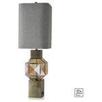 Harp and Finial - Beverly Table Lamp Brass on Metal and Amber Glass Heathered Gray Shade - The Beverly table lamp uses a brass-on-metal motif to create a bold transitional look for home, office, and beyond. Made with a square base with amber glass touches, it's topped with a heathered gray shade for a stylish finish. A stylish twist on a classic tabletop favorite, this fixture is welcome on surfaces throughout the home, from the foyer to the bedroom and more.