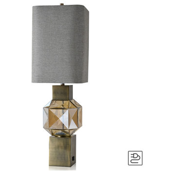 Beverly Table Lamp Brass on Metal and Amber Glass Heathered Gray Shade