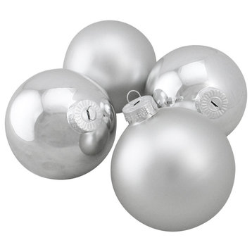 4ct Shiny and Matte Silver Glass Ball Christmas Ornaments 4" (100mm)