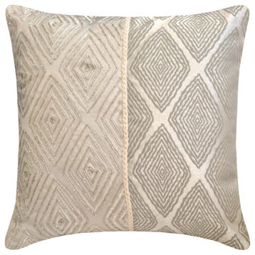 Grey & Ivory Silk Jacquard, Lace & Beaded 20"x20" Throw Pillow Cover - Allotrope
