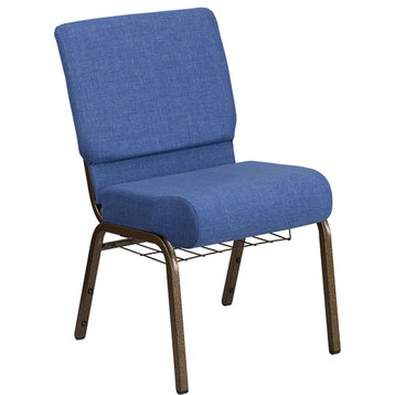 HERCULES 21''W Church Chair in Blue Fabric,Cup Book Rack - Gold Vein Frame