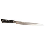 Master Grade - I.O. SHEN Japanese Knife, Chopping Knife, Sashmi Knife, 10 ¾" / 270 mm - I.O. Shen japanese knives exemplify precision and innovation with their advanced craftsmanship and design. Each blade features a kataba-style edge, allowing for effortless slicing through firm vegetables while achieving exceptionally thin cuts. This nakiri knife japanese is engineered with a super-hard steel core (Rockwell 62°) sandwiched between softer stainless-steel layers (Rockwell 10°), ensuring outstanding sharpness and durability. The Tai Tang handle, an integral part of the knife's frame, is meticulously handcrafted over 7 hours, blending functionality with artistry. Designed with the distinctive “Yin Yang” philosophy, the handle enhances balance and stability while adding a touch of elegance. Made from durable, heat-resistant ebonite, these handles are built to last, though we advise hand washing to maintain their superior quality.