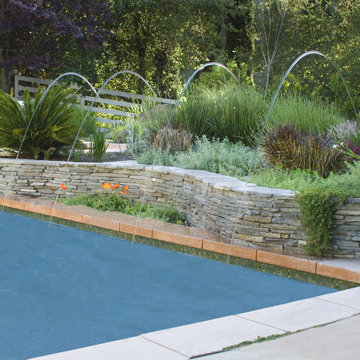 Glass tile swimming pool, glass tile spa, Bisazza Mosaico L'elba and Oro blend