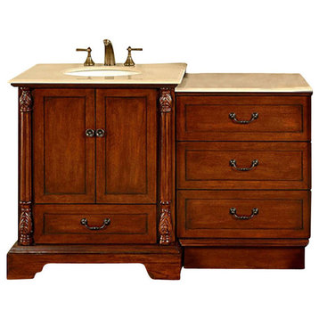 56 Inch Walnut Bathroom Vanity with Single Sink, Marble Top, Traditional