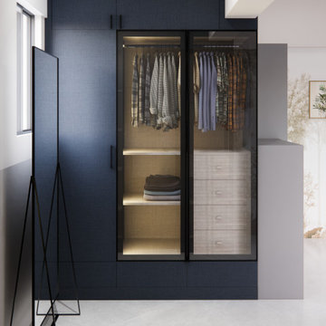 Blue Textured Wardrobe with Glass Doors