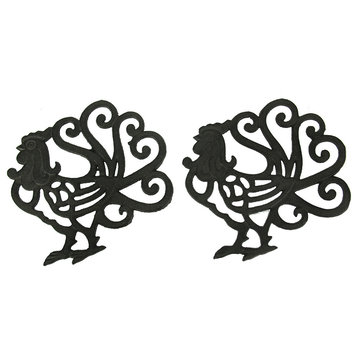 Black Scroll Tail Rooster Cast Iron Trivet Set of 2