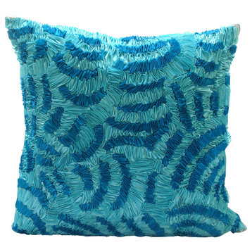 Blue Art Silk 14"x14" Ribbon Waves Pillows Cover, Aqua Ripples