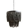 Rustic Chandelier, Metal Frame With Decorative Wooden Beads & 3 Lights, Black