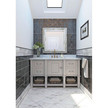 Well-Lit Powder Room Remodel With Gray Glass Subway Tile Walls and Marble Floor