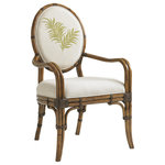 Tommy Bahama Home - Gulfstream Oval Back Arm Chair - The oval back arm chair features an intricate leather wrapped rattan frame and upholstered inside back and seat. Its outside back features leather wrapped bent rattan over a fabric panel. Its inside back features a woven palm frond pattern on an ivory ground cloth, while its seat and ouside back are upholstered in Sailcloth: a tight linen weave construction in an ivory and gold coloration. Available as shown.
