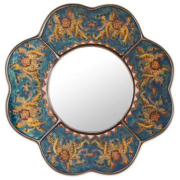 NOVICA Blue Cajamarca Blossom And Reverse Painted Glass Mirror