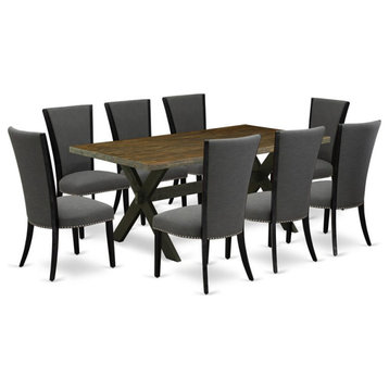East West Furniture X-Style 9-piece Wood Kitchen Table Set in Jacobean Brown