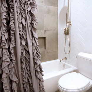 Inspiration for a small traditional family bathroom in Los Angeles with shaker cabinets, grey cabinets, an alcove bath, a shower/bath combination, a two-piece toilet, grey tiles, cement tiles, white walls, concrete flooring, a submerged sink and engineered stone worktops.